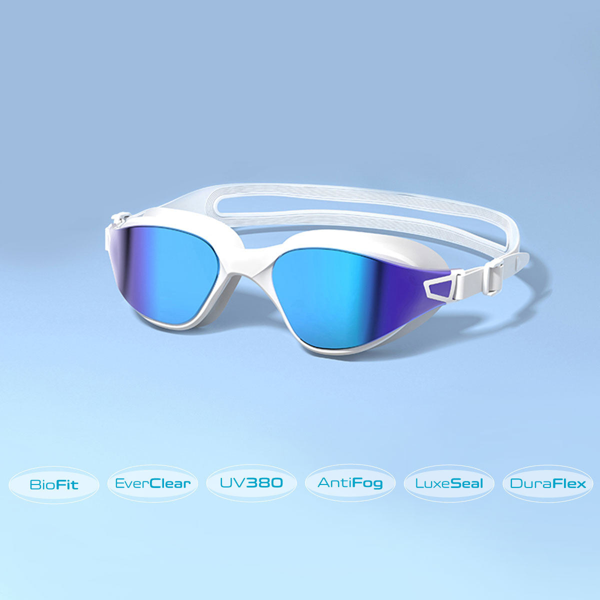 AquaLuxe White POD® Swim Goggles Blue Mirror Lens Features
