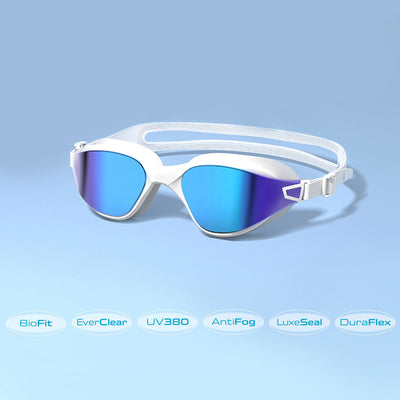 AquaLuxe White POD® Swim Goggles Blue Mirror Lens Features