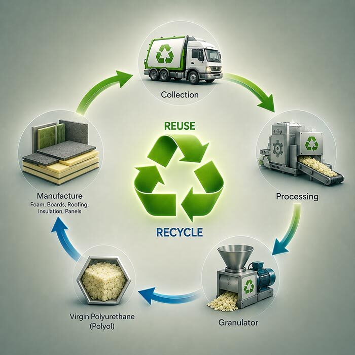 How polyurethane is recycled - collection, processing, granulator, virgin polyurethane polyol, manufacture into foam boards roofing insulation and panels.