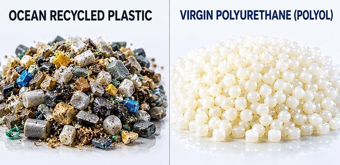 Side by side comparison of ocean recycled plastic and virgin polyurethane polyol - contaminated degraded mixed composition ocean plastic fragments versus clean consistent polyurethane granules